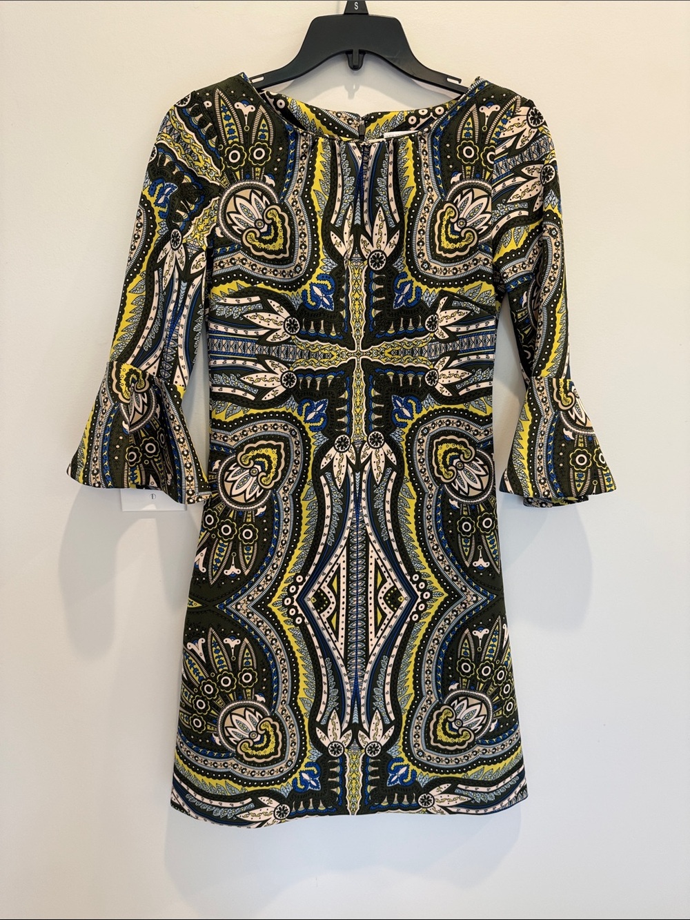 New York & Company Olive, Blue & Cream Paisley Print Bell-Sleeve Midi Dress
